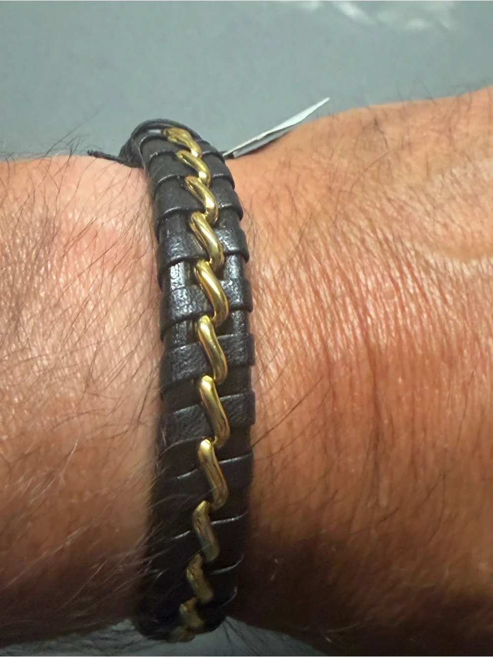 Talidara Braided Black Leather Bracelet with Gold Chain Accent 2 3/8 diameter